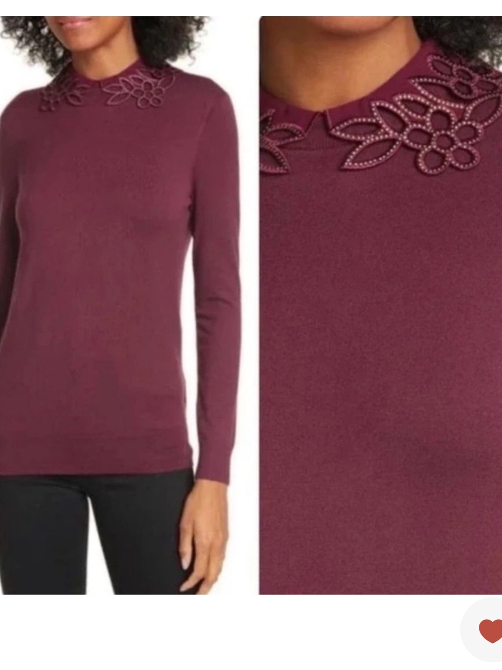 Ted Baker Burgundy Red Crewneck Lace Sweater Red Azaleo Embellished Collar Knit